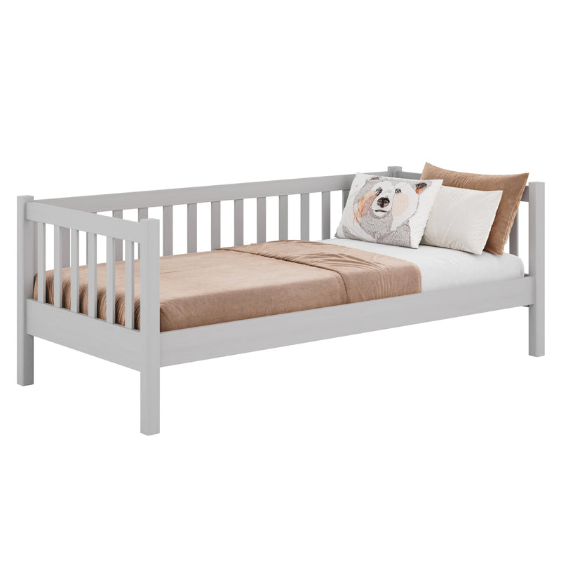 Drewniane łóżko sofa N03 popielaty – widok ogólny, lite drewno sosnowe