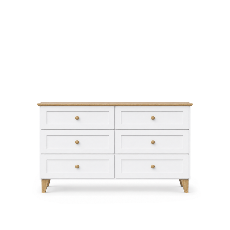 Komoda so 6 drevenými zásuvkami, biela s dubom, 154 cm - spálňa, škandinávsky štýl