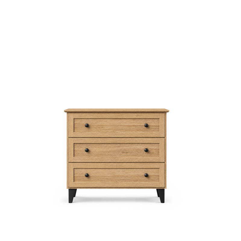 Komoda s 3 dubovými zásuvkami, prírodný dub s čiernou, 105 cm - spálňa, škandinávsky štýl