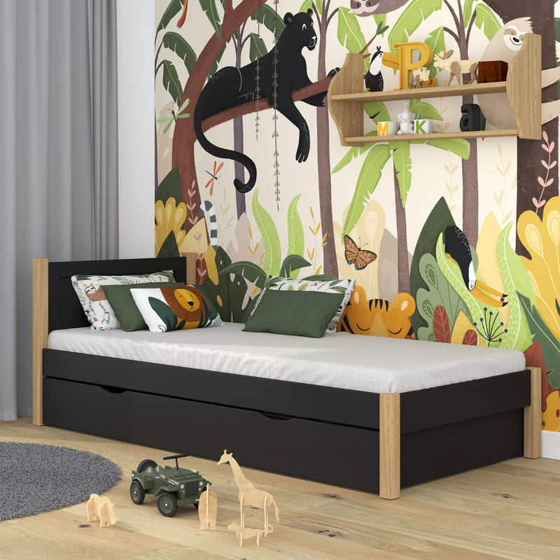 Egyszemélyes ágy fiókkal fa fekete-tölgy – gyerekszoba, scandi stílus