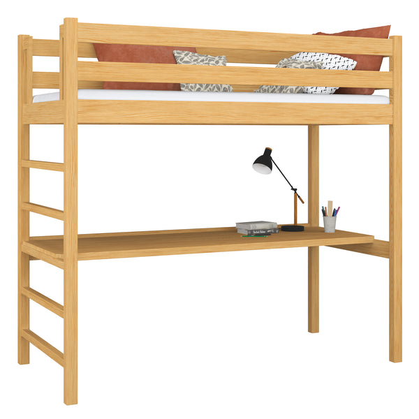 Loft bed natural pine with desk – study space under the sleeping area, wooden