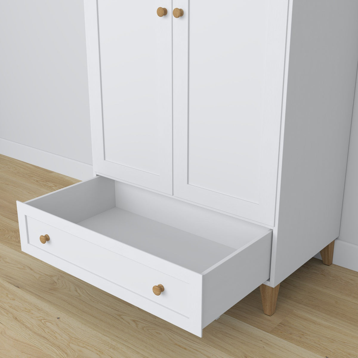 Drevená skriňa biela 2D1S s dubom - bočný pohľad, hĺbka a proporcie nábytku
