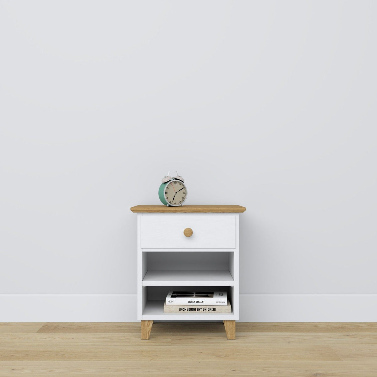 Wooden bedside table 1S N02 Scandi white / natural oak