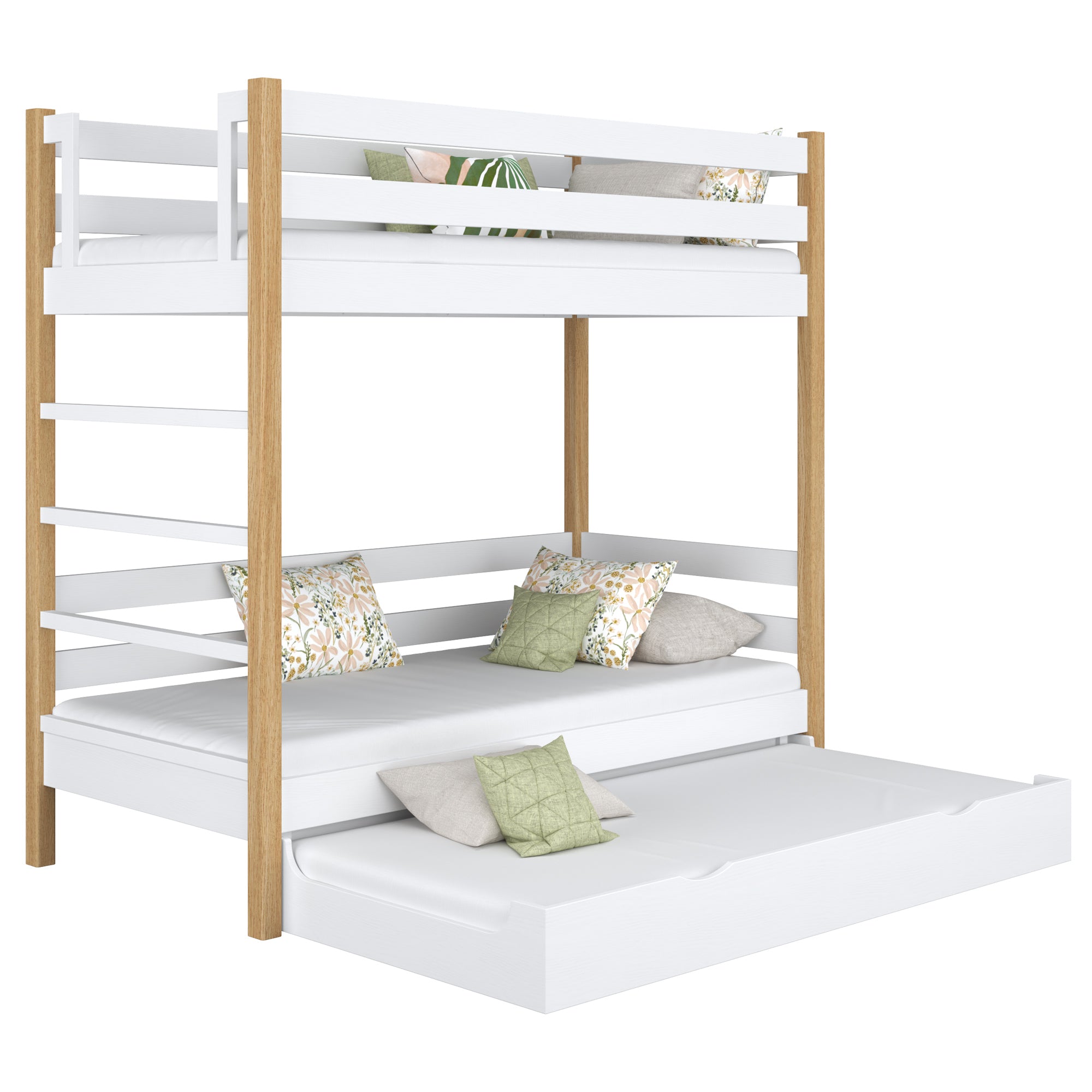 White and Oak Wooden Bunk Bed – Ladder, Rails, Drawer for Extra Mattress