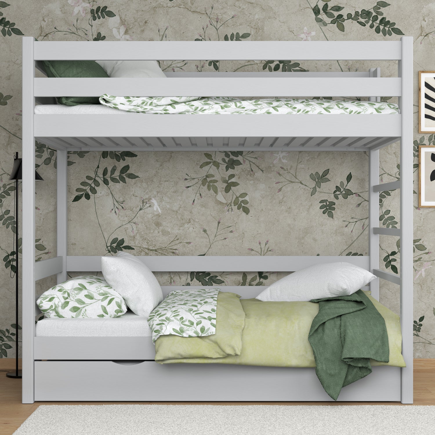 Grey Wooden Bunk Bed – Ladder, Rails, Drawer for Extra Mattress