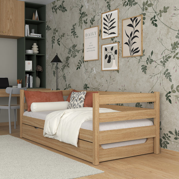 Łóżko sofa z szufladą na materac N01 dąb naturalny – dodatkowy widok, trwała jakość Nizio Home