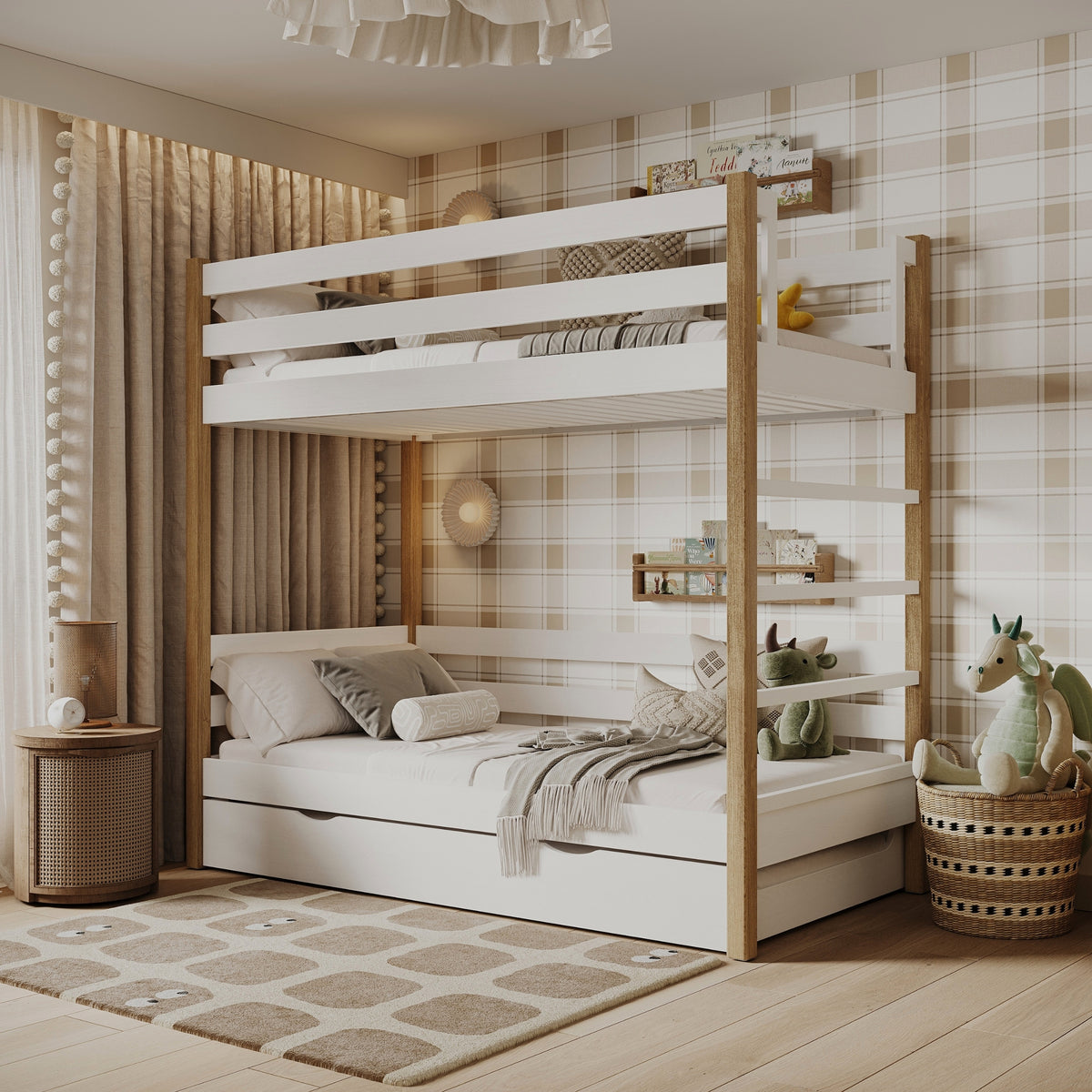 White and Oak Bunk Bed with Mattress Drawer – Safety Rail, Wooden, Nizio Home