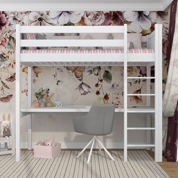 Loft bed white with desk – study space under the sleeping area, wooden