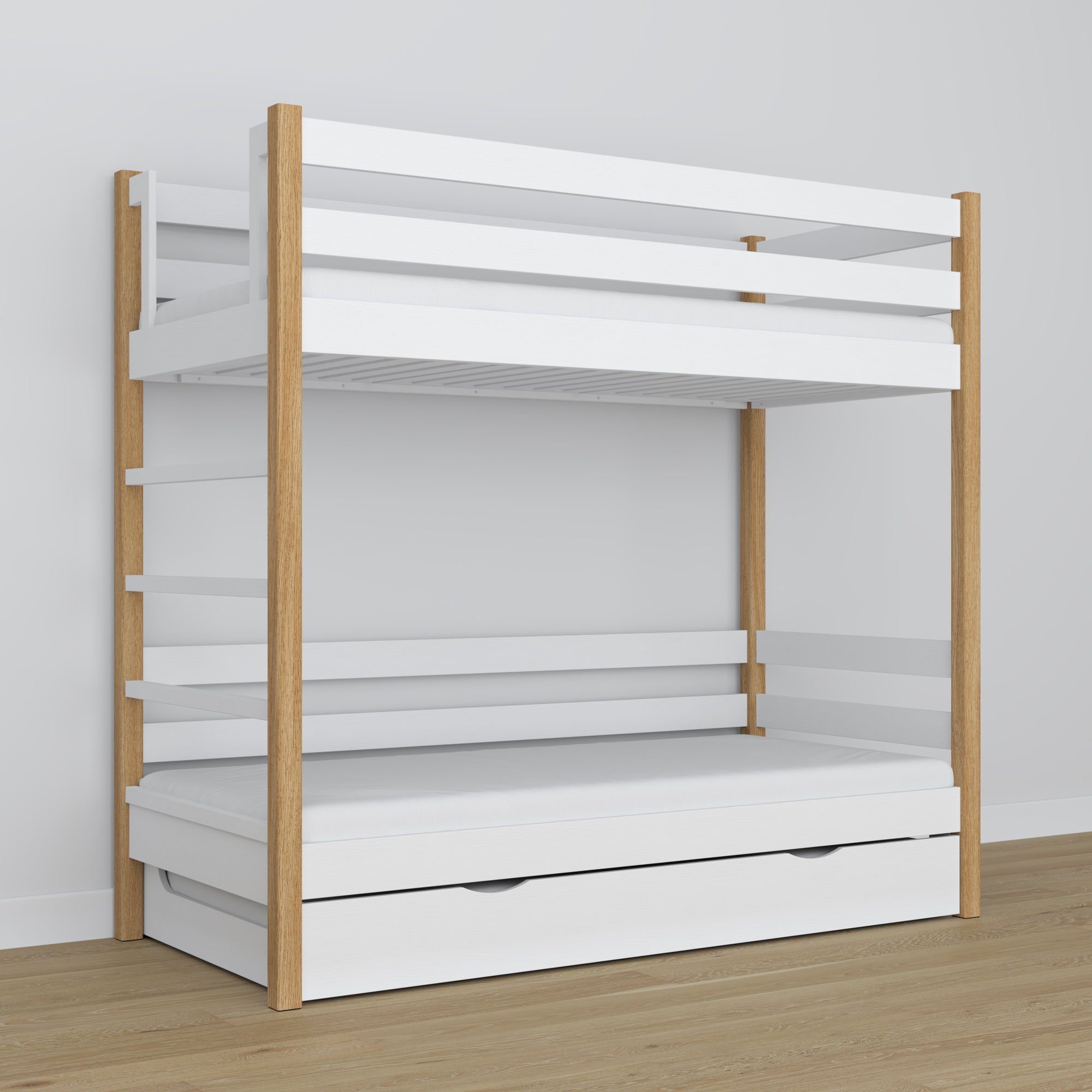 White and Oak Wooden Bunk Bed with Mattress Drawer – Room Arrangement