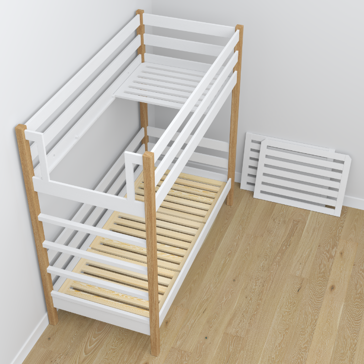 Biela a dubová poschodová posteľ – drevené tesárske spoje, detail, Nizio Home