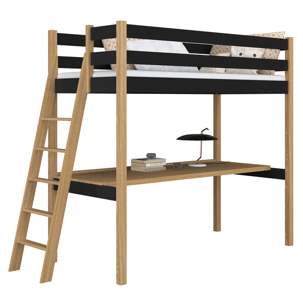 Loft bed black/oak with desk – study space under the sleeping area, wooden