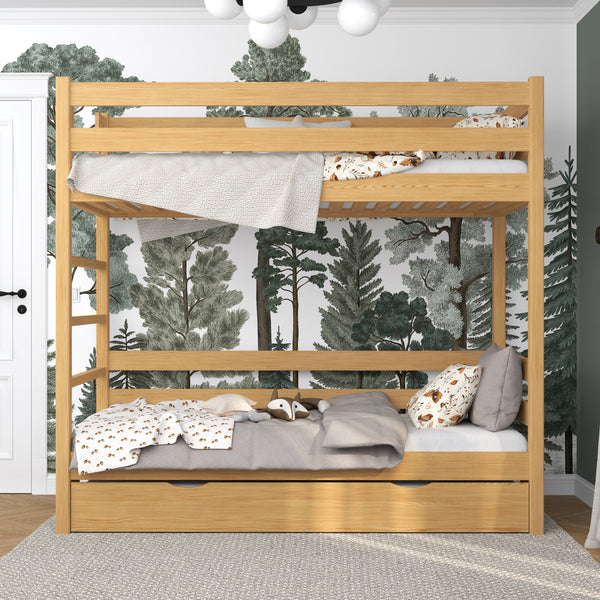 Natural Pine Bunk Bed with Mattress Drawer – Safety Rail, Wooden, Nizio Home