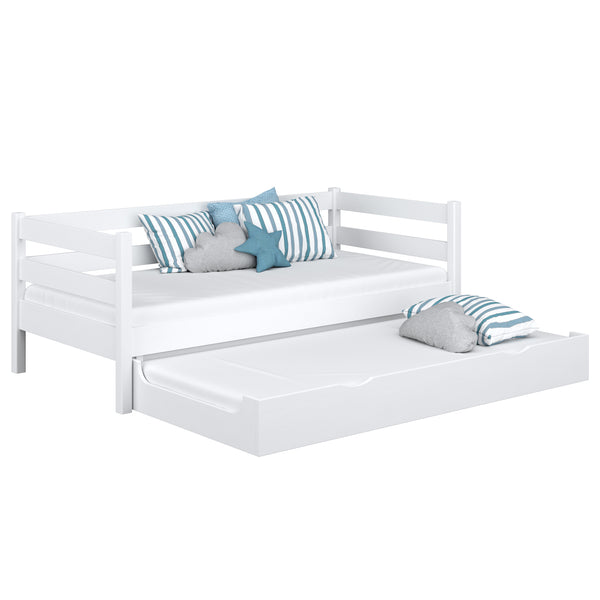 Drewniane łóżko sofa z szufladą na materac N01 biały – widok ogólny, lite drewno sosnowe