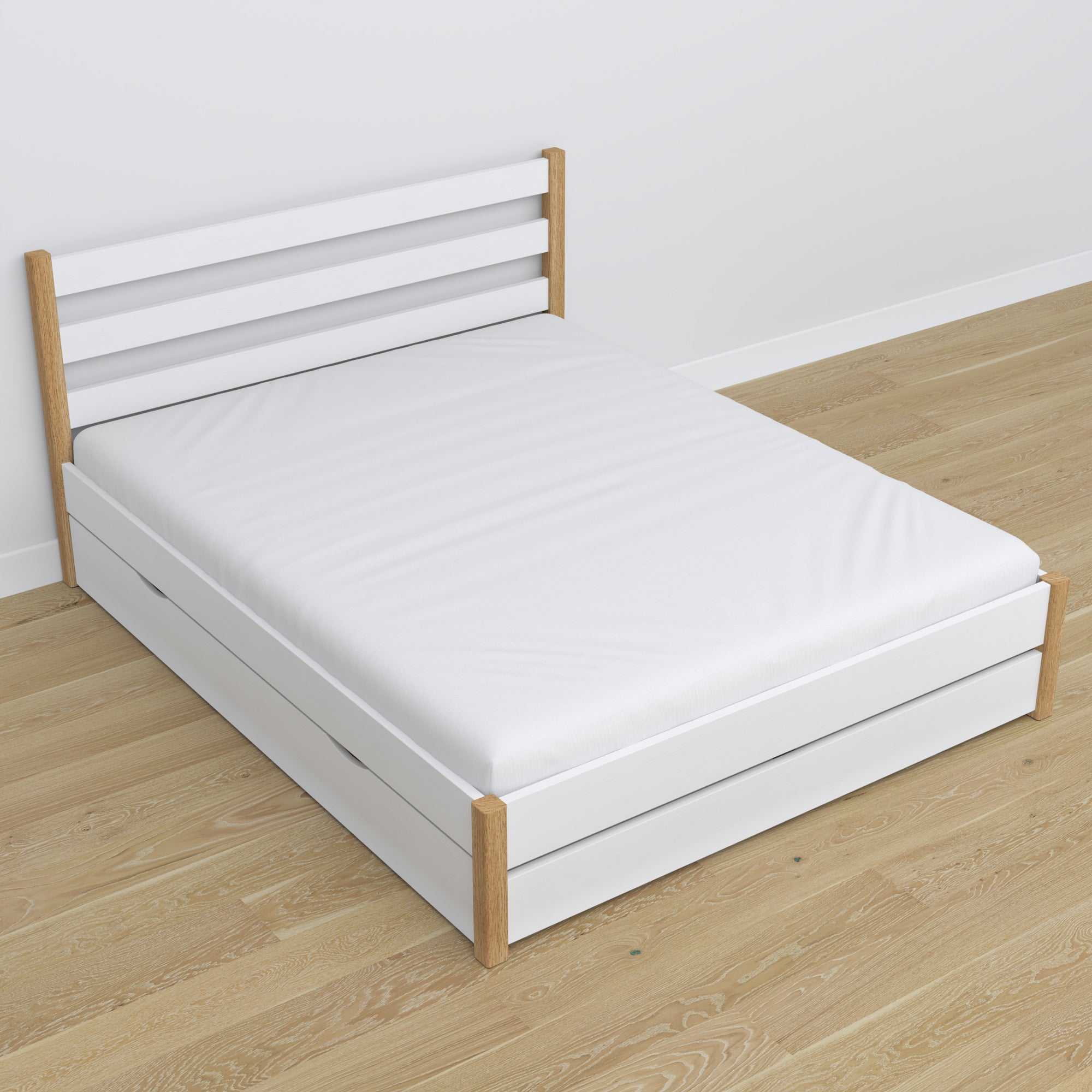 Biela manželská posteľ s dubovými nohami a podnožou, detail