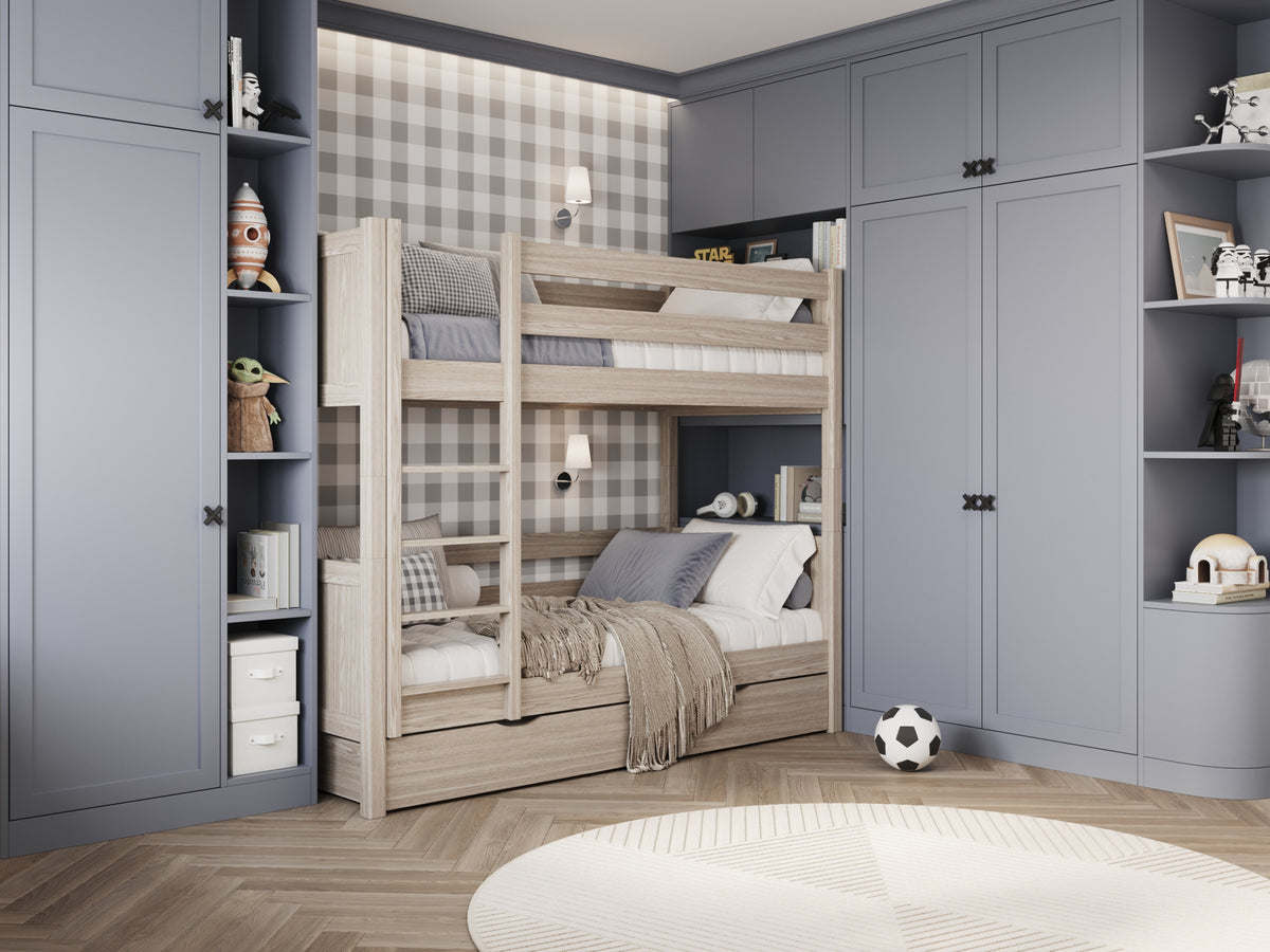 Dubová poschodová posteľ, bielený dub - otvorená zásuvka, priestranný úložný priestor pod posteľou