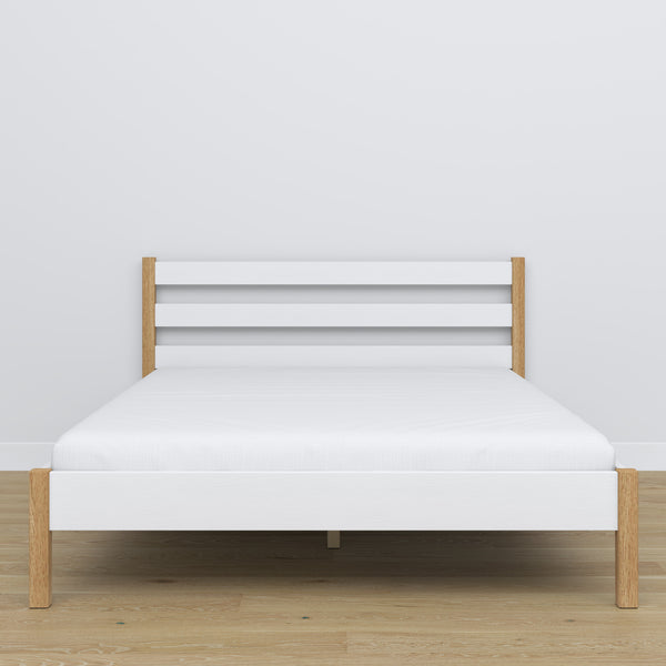 Wooden double bed white and oak – side view, proportions and shape, bedroom