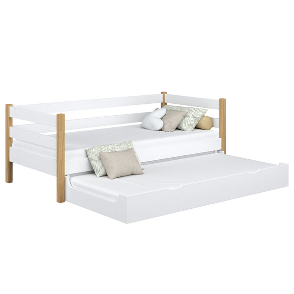 Drewniane łóżko sofa z szufladą na materac N01 biało dębowy – widok ogólny, lite drewno