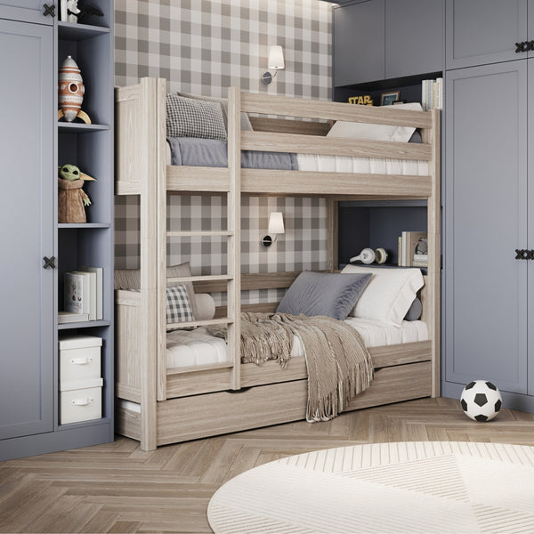 Bleached Oak Bunk Bed with Mattress Drawer – Safety Rail, Oak, Nizio Home