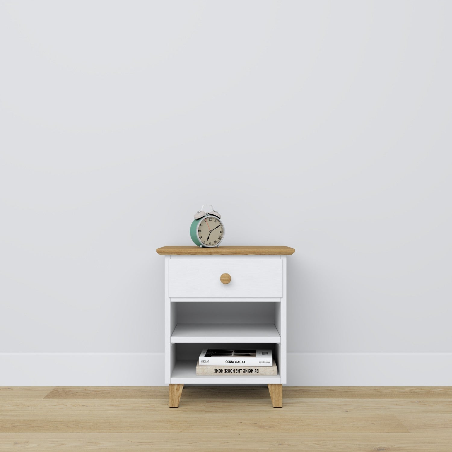 Wooden bedside table 1S N02 Scandi white / natural oak