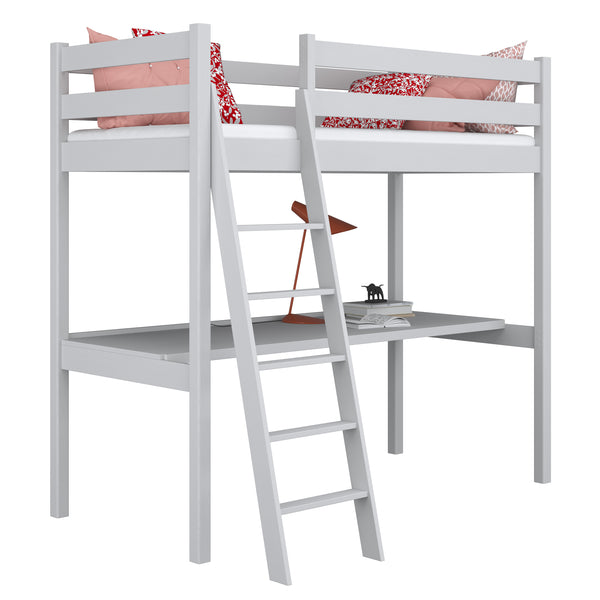 Loft bed grey with desk – study space under the sleeping area, wooden