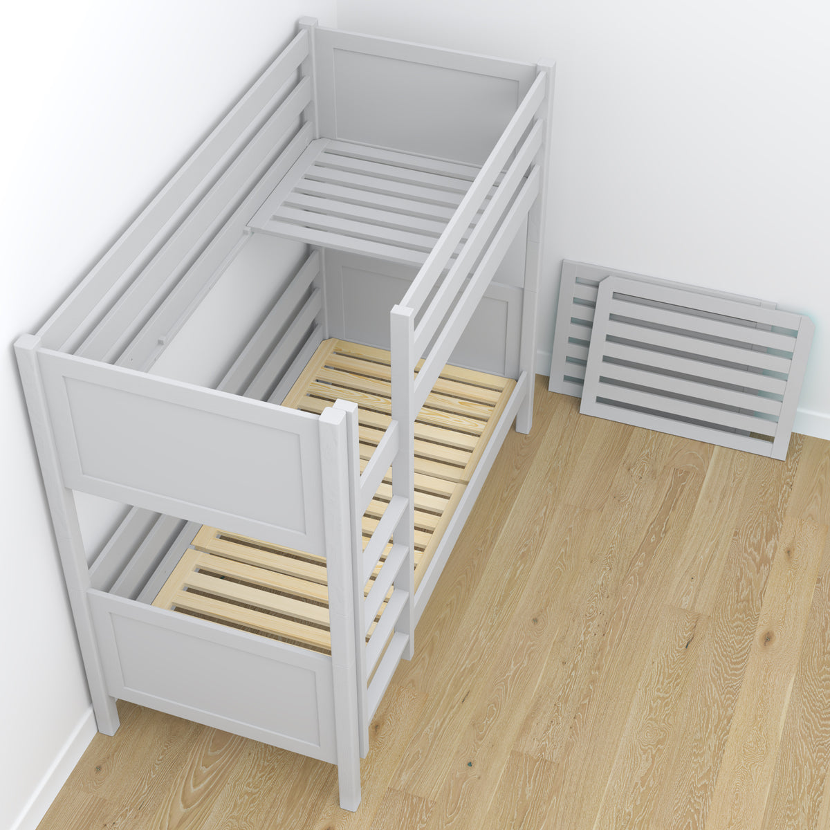 Šedá poschodová posteľ – drevené tesárske spoje, detail, Nizio Home