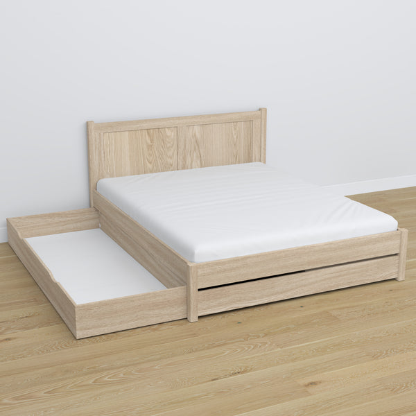 Oak double bed with drawer bleached oak – open drawer, spacious interior