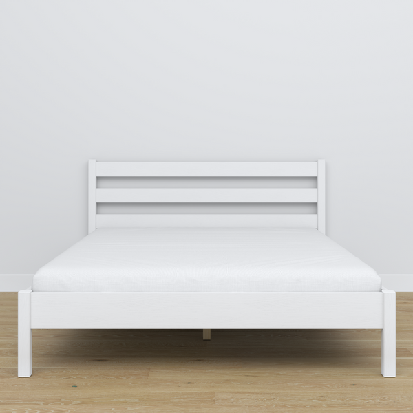 Wooden double bed white – side view, proportions and shape, bedroom