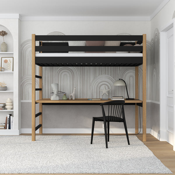 Loft bed black/oak with desk – study space under the sleeping area, wooden