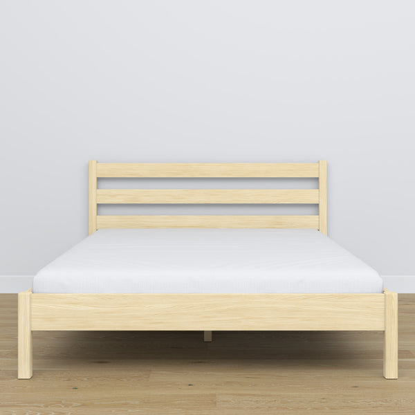 Wooden double bed clear pine – side view, proportions and shape, bedroom