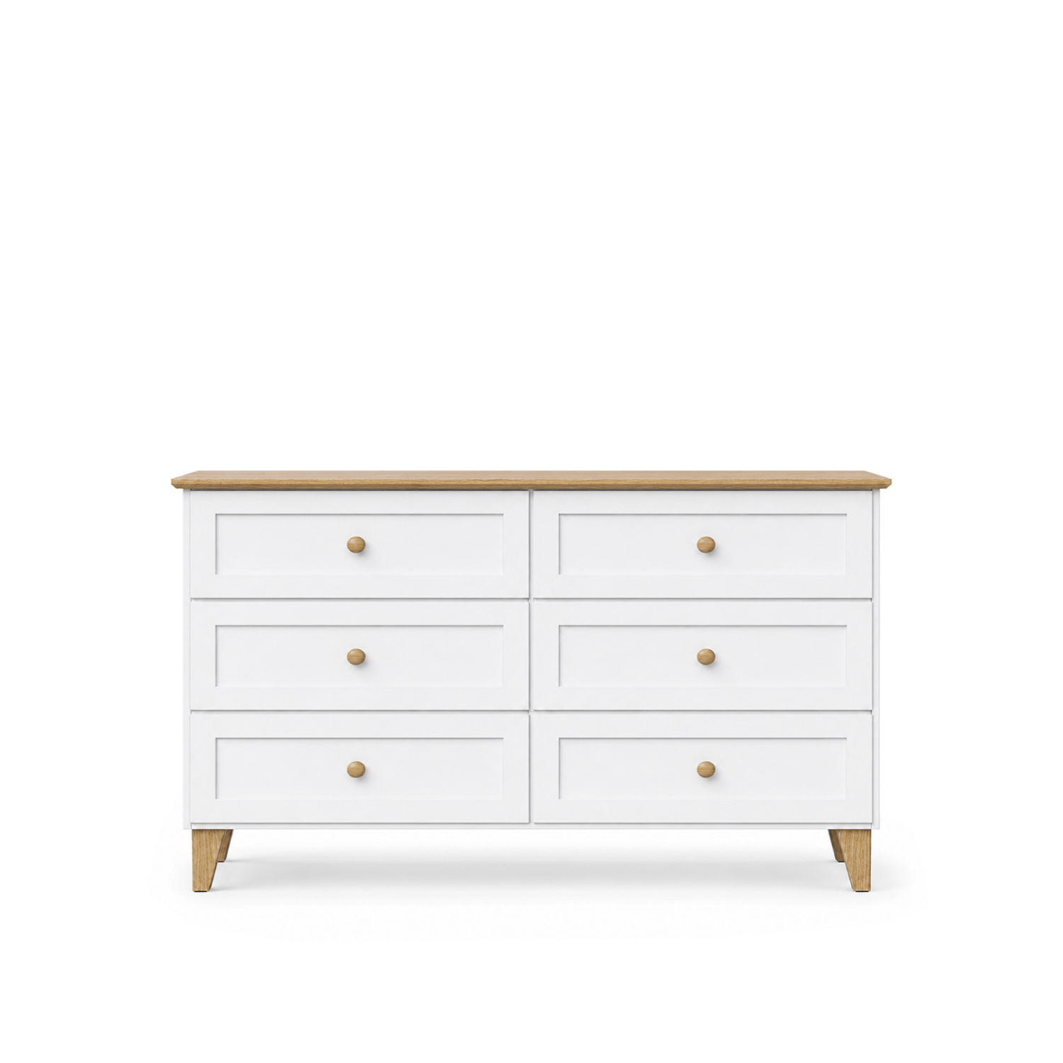 Komoda so 6 drevenými zásuvkami, biela s dubom, 154 cm - spálňa, škandinávsky štýl