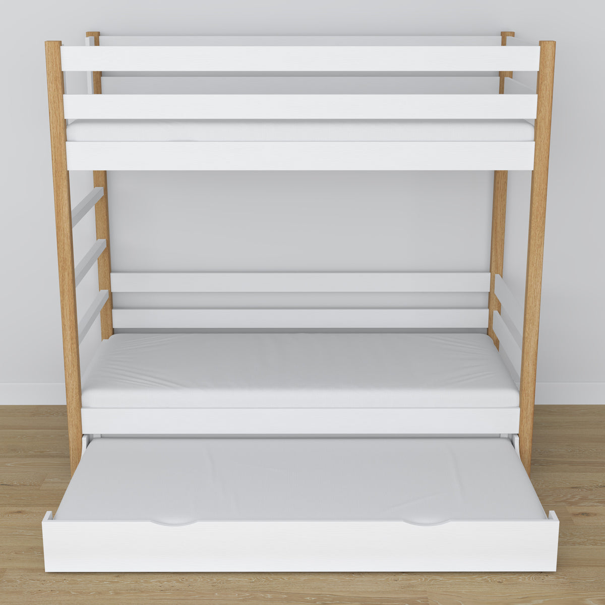 White and Oak Bunk Bed – Wooden Slatted Frame, Mattress Drawer