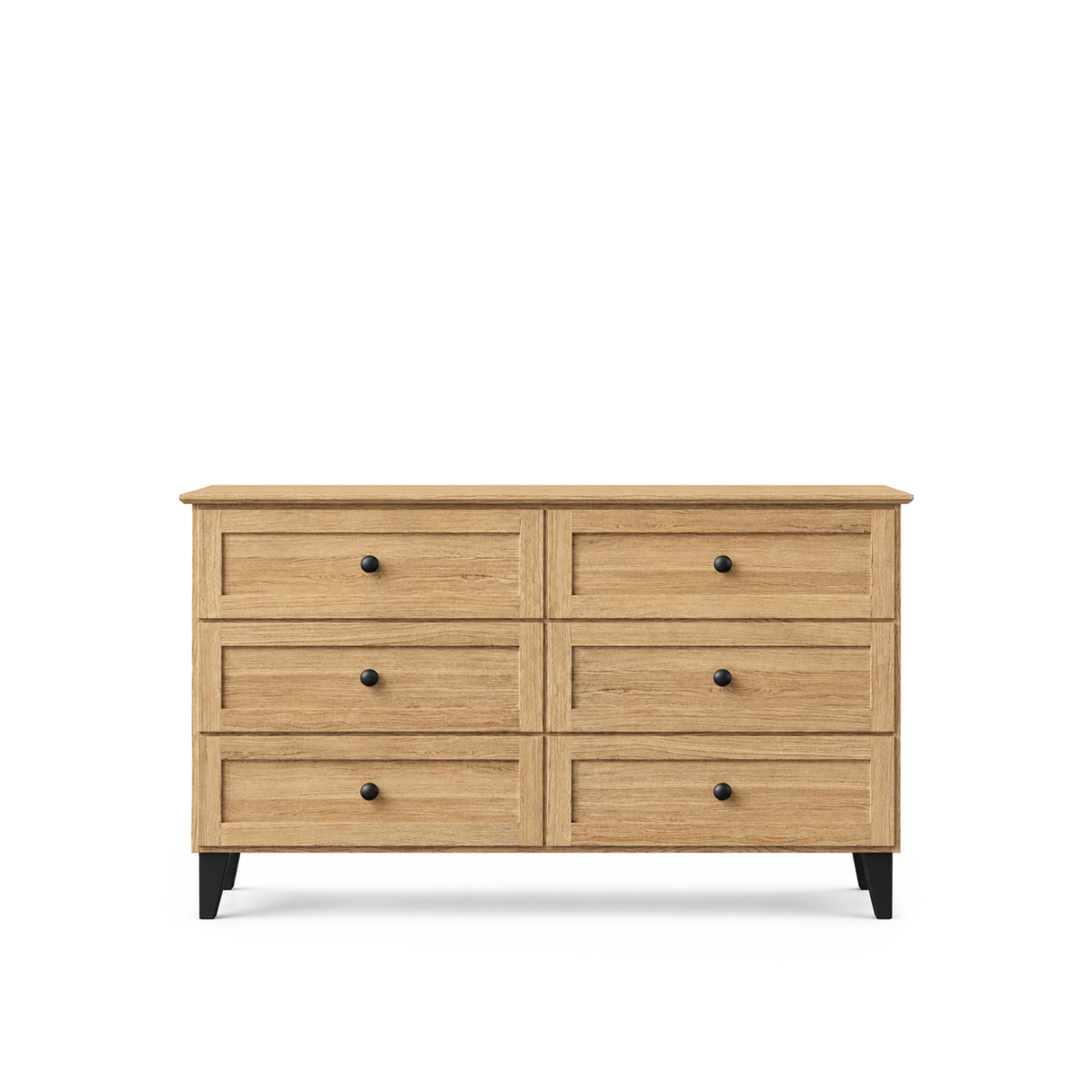 Komoda so 6 dubovými zásuvkami, prírodný dub s čiernou, 154 cm - spálňa, škandinávsky štýl