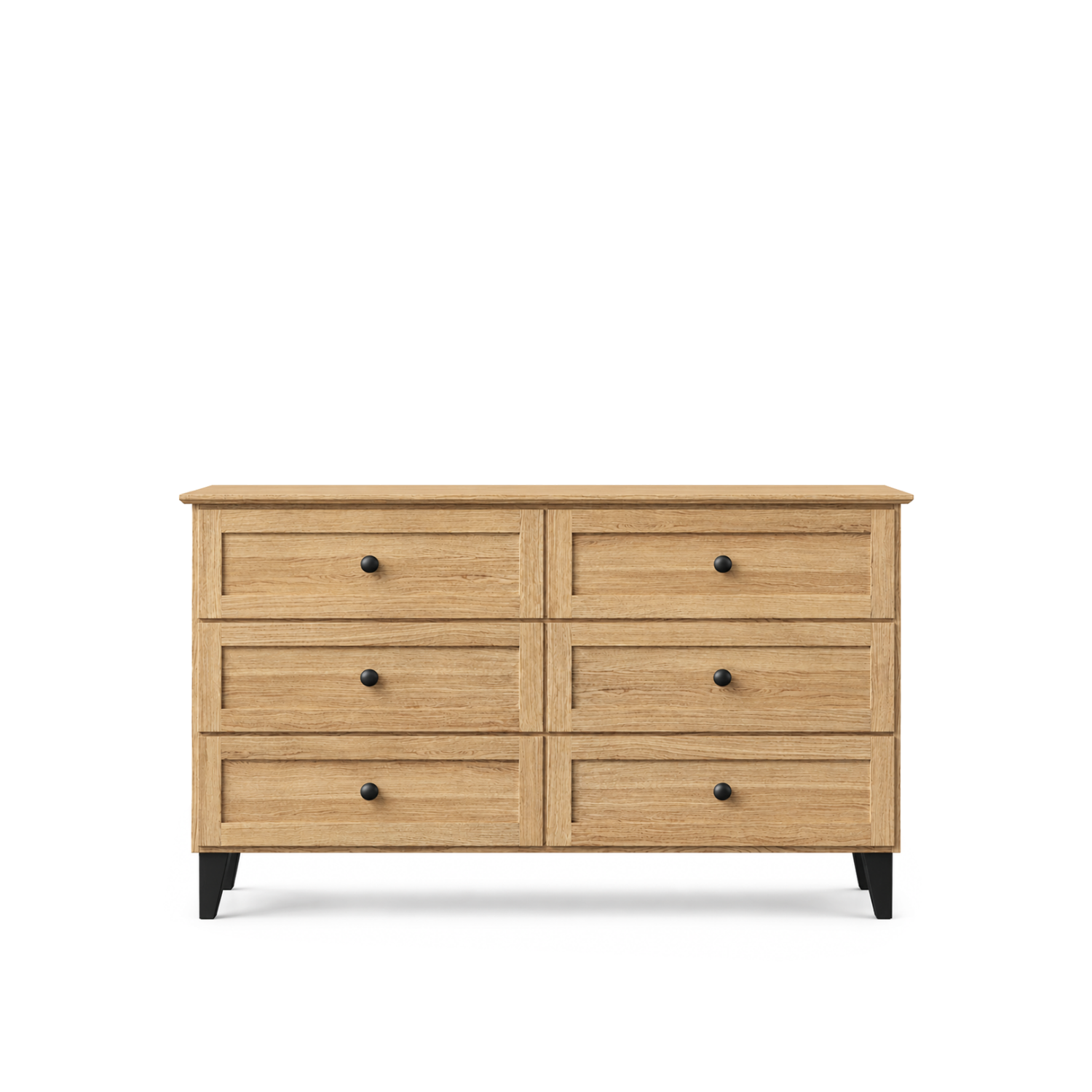Komoda so 6 dubovými zásuvkami, prírodný dub s čiernou, 154 cm - spálňa, škandinávsky štýl