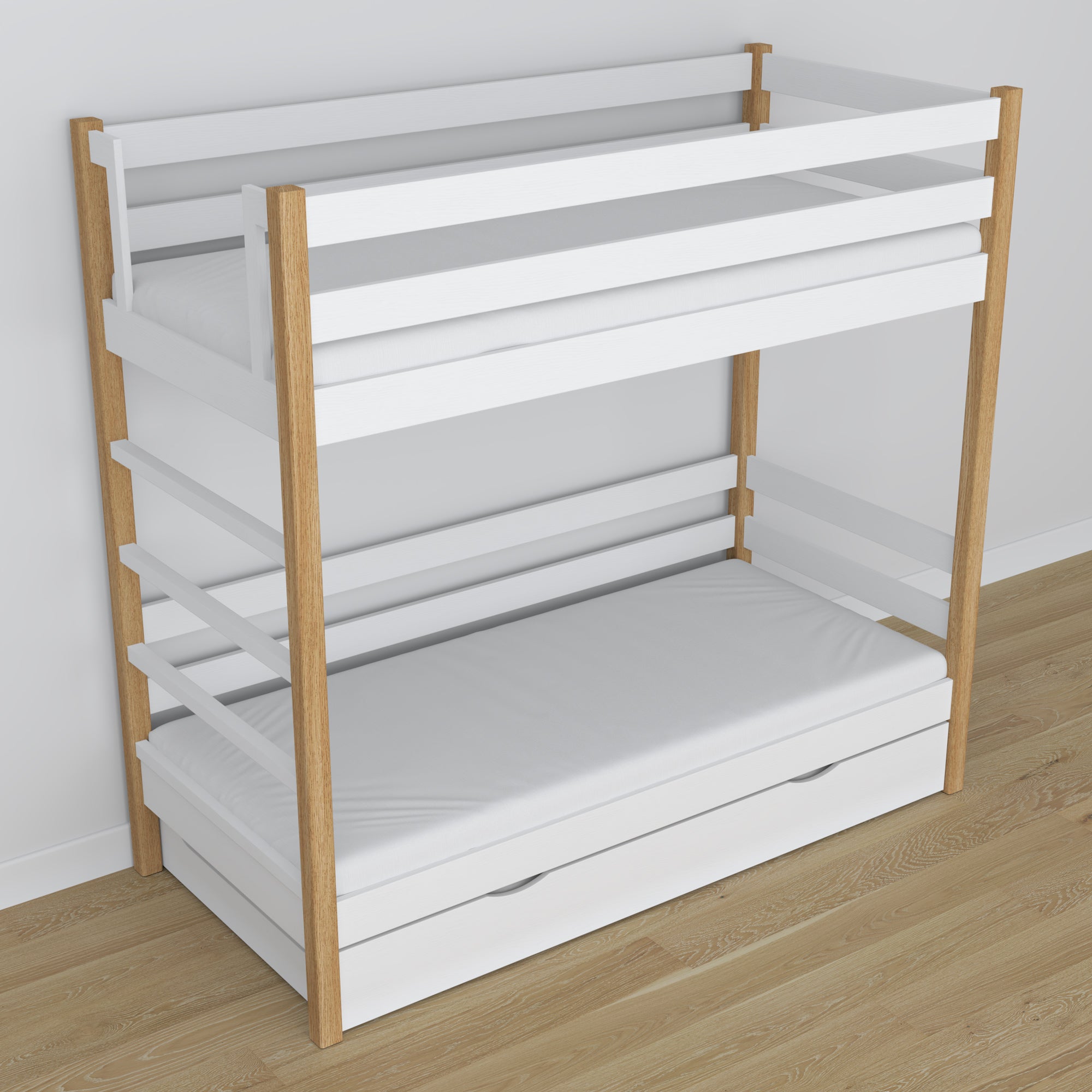 White and Oak Wooden Bunk Bed – Dimensions and Diagram with Mattress Drawer