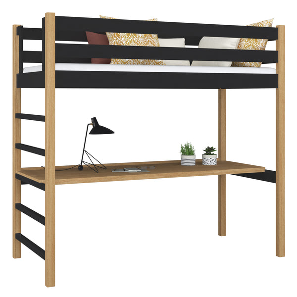 Black and Oak Wooden Loft Bed with Desk – Children’s Room, Scandi Nizio