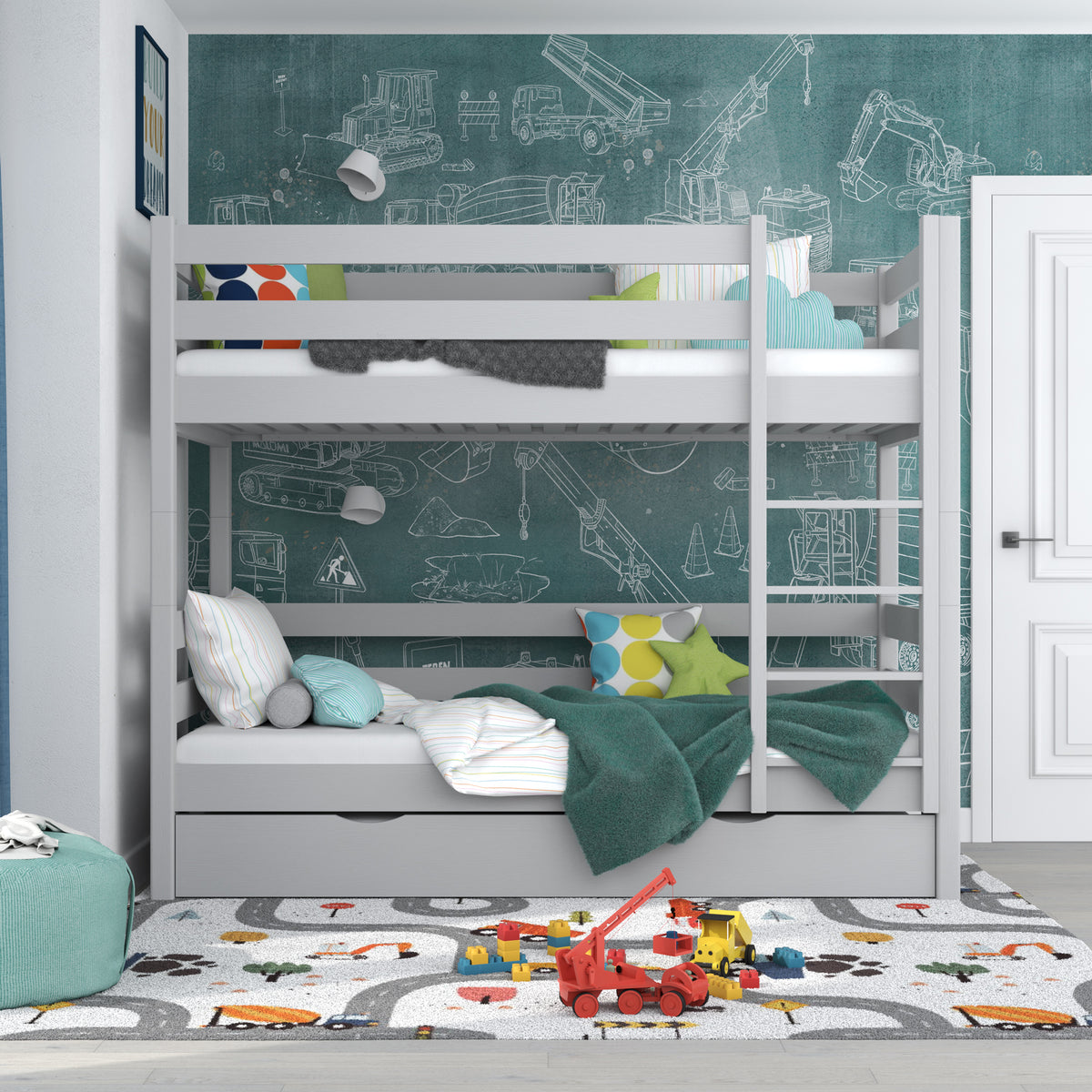 Šedá poschodová posteľ so zásuvkou na matrac - zábradlie, drevená, Nizio Home