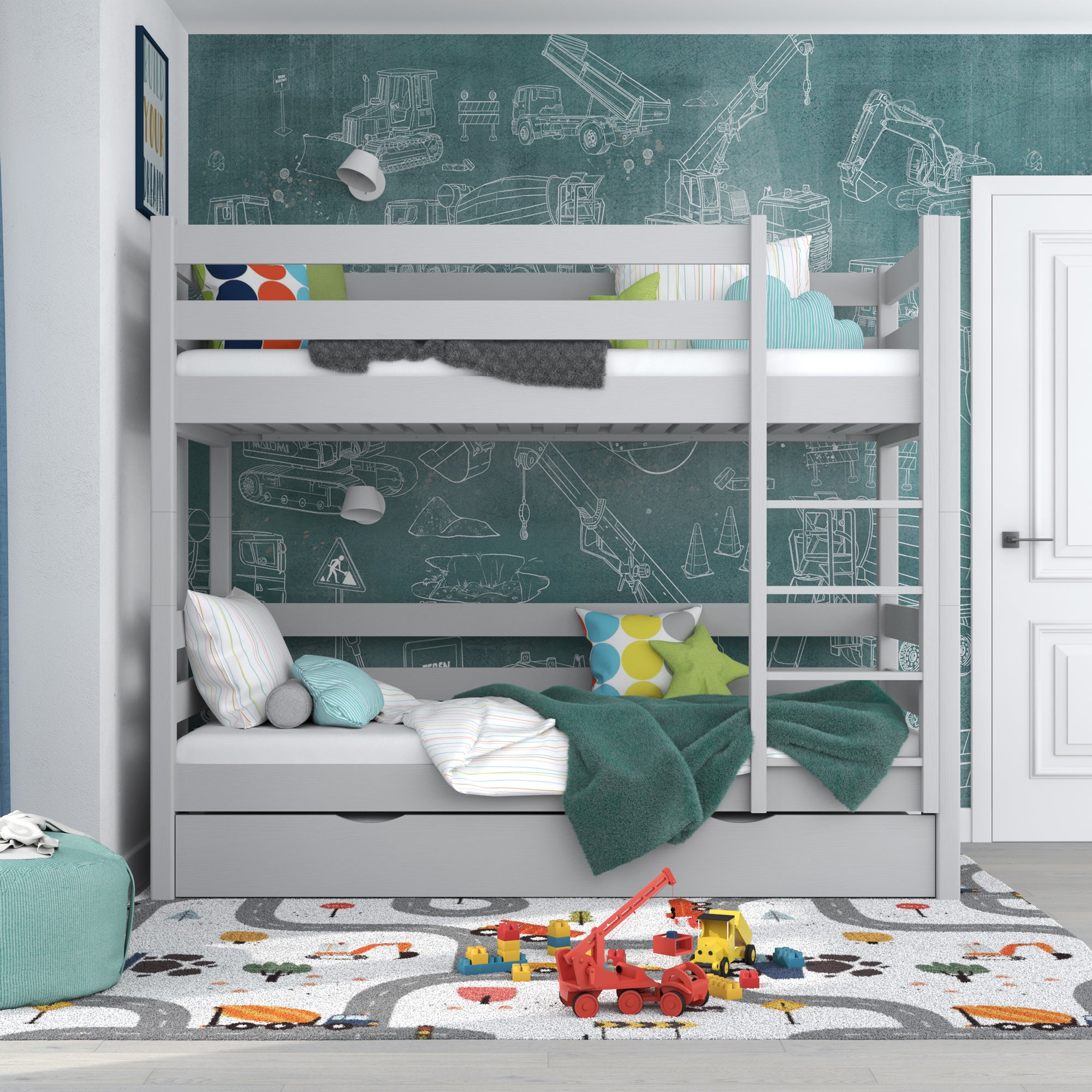 Šedá poschodová posteľ so zásuvkou na matrac - zábradlie, drevená, Nizio Home