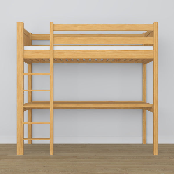 Loft bed natural pine with desk – study space under the sleeping area, wooden